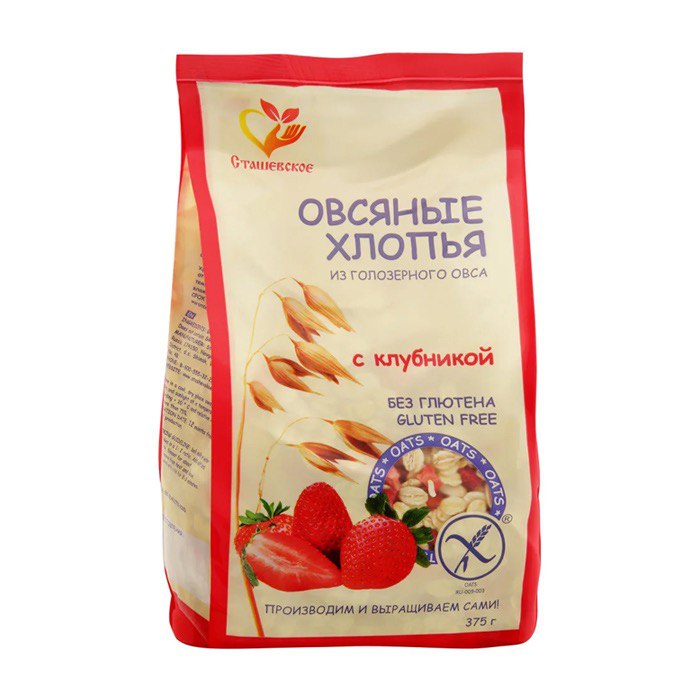 Хлопья овсяные из голозерного овса с Клубникой без глютена, 375 гр