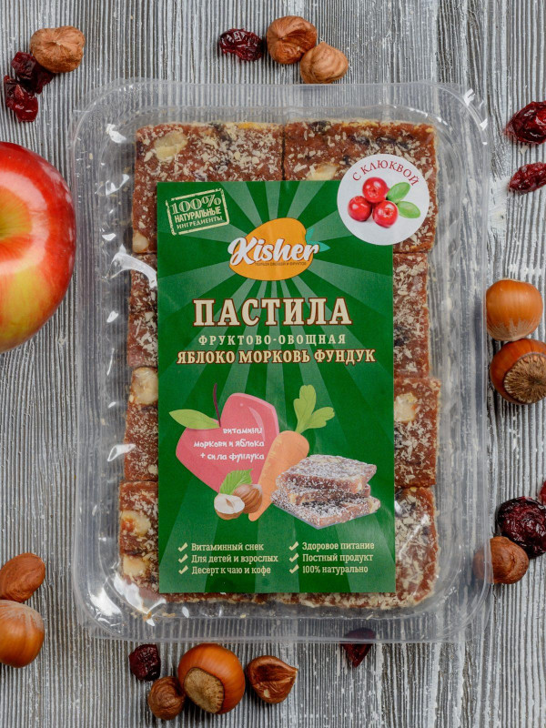 Пастила kisher морковь, яблоко, фундук с клюквой и кокосом, 100 гр