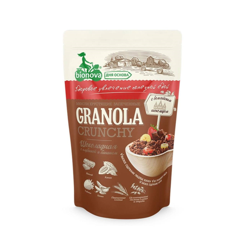 Мюсли хрустящие запеченные шоколадные с клубникой и бананом, 400 г