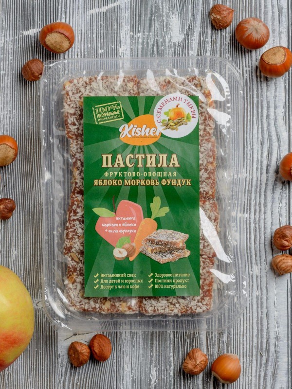 Пастила Kisherс семенами тыквы яблоко, морковь, фундук, 160 гр