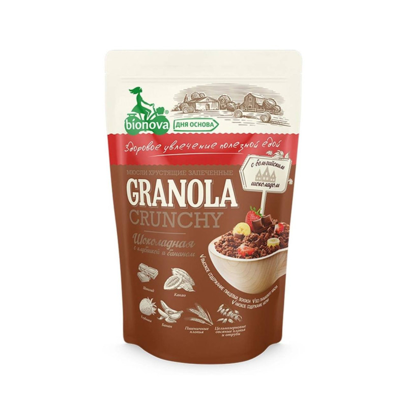 Мюсли хрустящие запеченные шоколадные с клубникой и бананом, 400 г