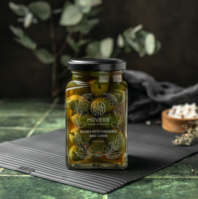 Оливки зеленые с орегано и тмином косточкой Picuda (Movers), 260 мл